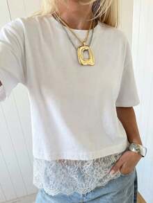 SHEIN EZwear Áo thun nữ tay ngắn cổ tròn màu trơn, kiểu dáng thường ngày, đa năng. - trắng - Xem 6