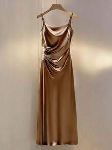 SHEIN Franclia Elegant Solid Color Spaghetti Strap Dress For Party - Coffee Brown - View 3