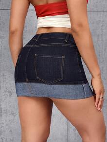 SHEIN Tall Chân váy denim ngắn ôm sát người kiểu dáng thường ngày mùa hè dành cho nữ, có túi xéo. - Màu xanh lam - Xem 2