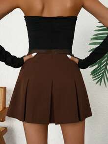 Falda mini plisada con pliegues de un solo color, de uso casual y versátil - Café integral - Ver 2