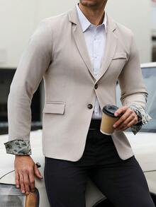 Manfinity Mode Men's Solid Color Notched Collar Single-Breasted Casual Versatile Commuting Office Long Sleeve Suit Jacket - Beige - View 7
