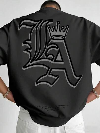 Manfinity LEGND Camiseta casual de manga corta con cuello redondo y estampado de letras para hombres de talla grande