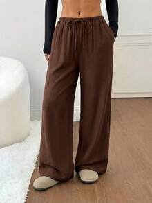 SHEIN PETITE Women's Black Solid Linen Low-Waist Straight-Leg Casual Pants, Suitable For Short Stature, Summer & Autumn - Coffee Brown - View 4