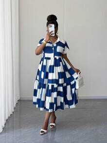 Maweii Plus Size Floral Print Collared Short Sleeve Half-Zip Casual Dress,Elegant Blue And White Summer Tea Party Dress For Women,Parties,Dates,Commuting - Multicolor - View 5