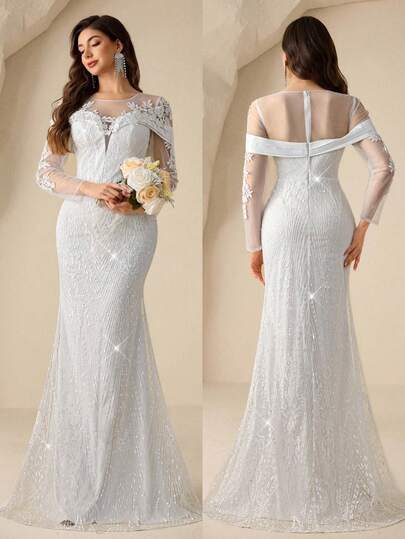 Coutiva Elegant Long Sleeve Wedding Dress With Sequin Lace Trim, 3D Applique Design, Mermaid Tail Hem, Suitable For Wedding Gown Or Evening Dress Wedding Dress For Bride Mermaid Bridal Dress Wedding Dress Long Sleeve Sparkly White Dress Luxury Dress Wedding Dresses For Women Bridal Gown Prenup Dress For Bride Luxury Dresses For Women Weeding Dresses For Women's
