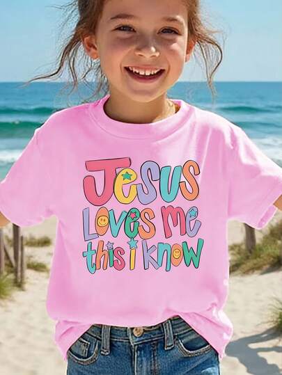 SHEIN 少女休闲彩色涂鸦印花粉色圆领短袖T恤，舒适透气，适合夏季和秋季穿着，日常百搭，简约印花设计，适合日常、度假、四季皆宜，可爱衬衫，夏季上衣，适合少女穿着，优雅时尚