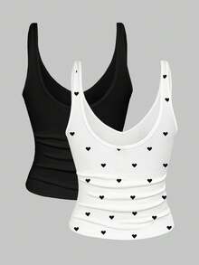 Resyla Set de 2 piezas: Pantalón corto ajustado y camiseta de tirantes de cuello en V de unicolor para mujeres - Multicolor - Ver 2