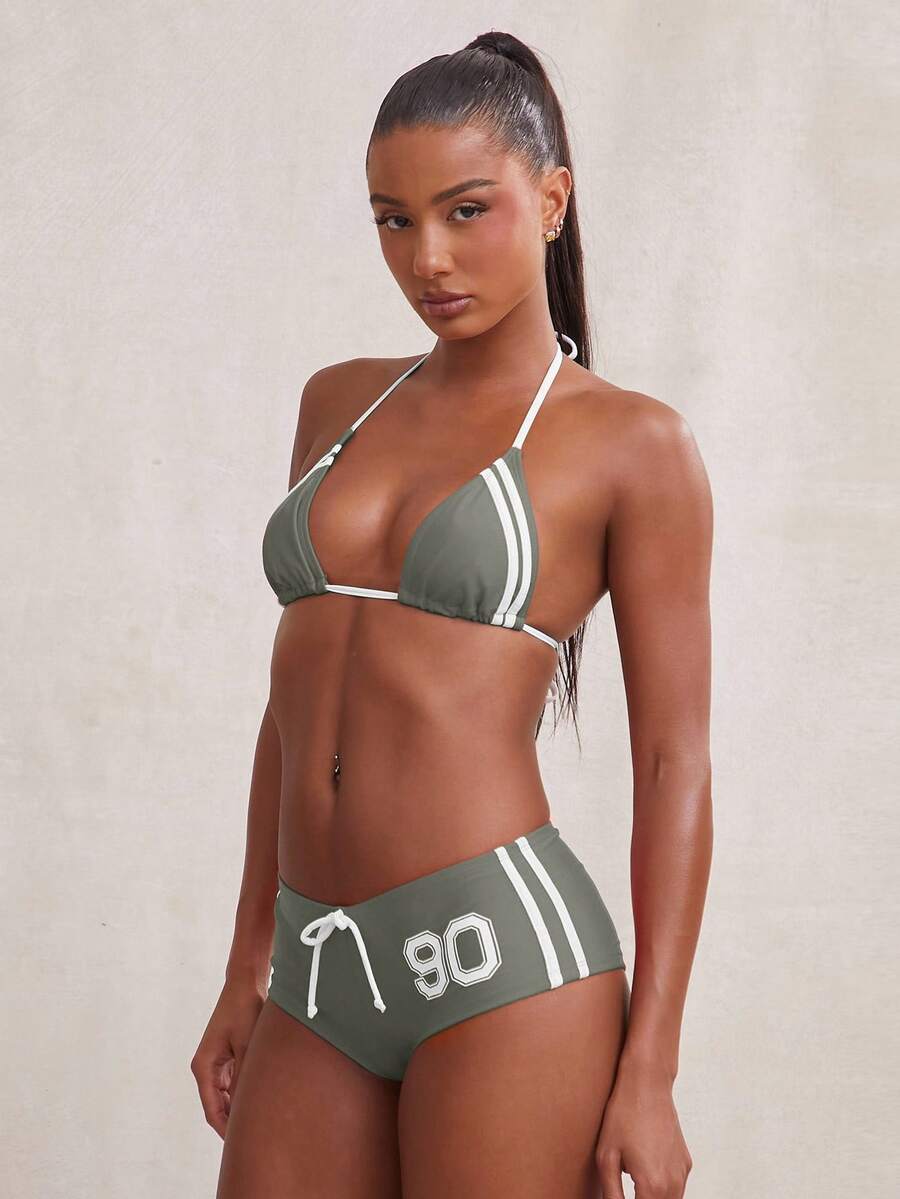 NYA SZN 女士泳装两件套比基尼短款性感运动条纹沙滩度假红色泳装套装 - 銀色 - 查看 1