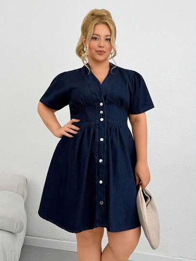 SHEIN Plus 100% Cotton Button Front Casual Denim Dress