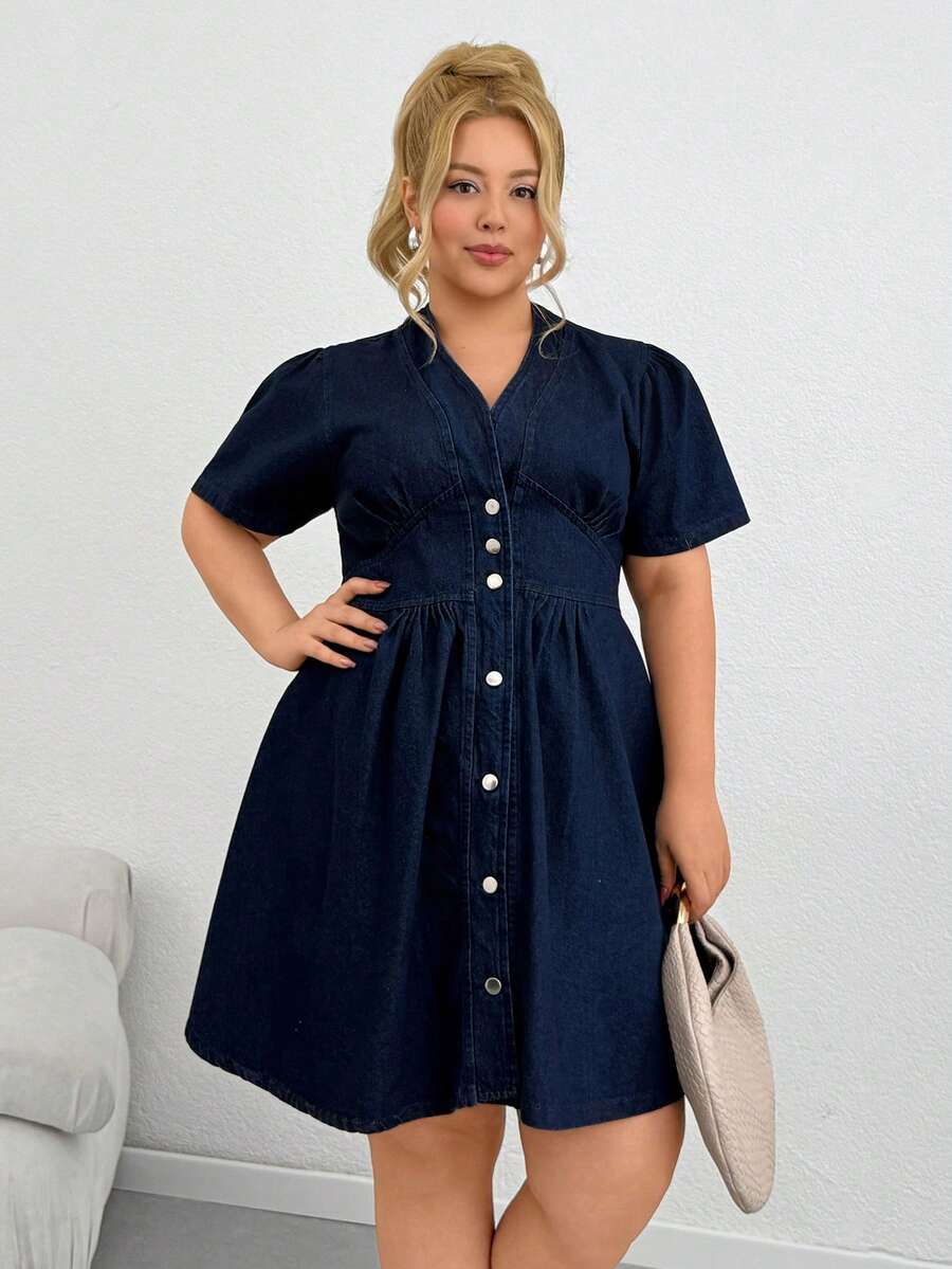 SHEIN Plus 100% Cotton Button Front Casual Denim Dress - Dark Wash - View 1