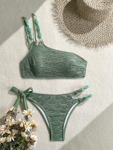 Swim Chiccia 女士橄榄绿串珠单肩吊带性感沙滩度假泳装套装，夏季 - 綠色 - 查看 3