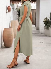 SHEIN LUNE Women's Solid Color Casual/Commute Shirt Dress, Collared Neckline, Front Center Opening, Left Chest Pocket, Loose Fit, Waist Tie Belt, Bowknot, Side Slits, Curved Dropped Shoulders, Long Length, Spring/Summer Women Dress Women's Summer Dresses Women's Summer Outfits Women's Summer Co Ord Women Casual Dresses - Mint Green - View 2