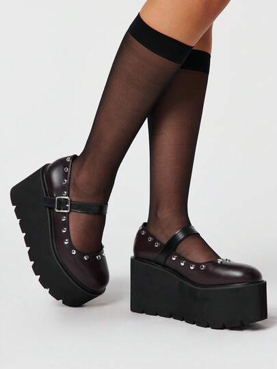 ROMWE Grunge Punk Giày nữ thời trang đế cao - Kiểu dáng thường ngày mùa hè, phong cách punk gothic, mũi tròn, nơ và khóa trang trí - Giày lười nữ thoải mái và đơn giản