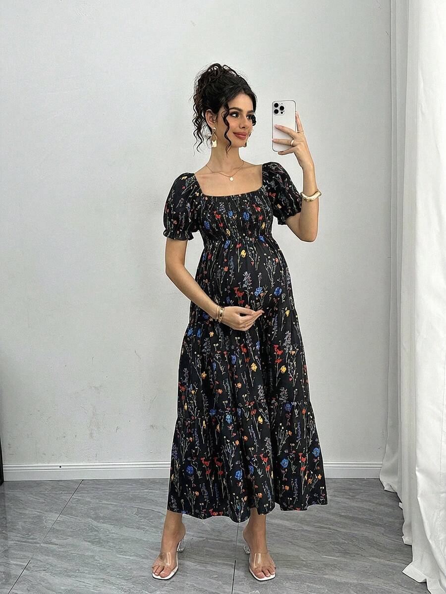 Momance Đầm bầu tay cánh hoa in hoa thanh lịch cho mùa hè, đầm bầu, đầm bà bầu, đầm cho bà bầu, đầm chụp ảnh bầu, đầm bầu cho nữ, quần áo bầu, đầm bầu cho phụ nữ mang thai, đầm nữ. - màu đen - Xem 1