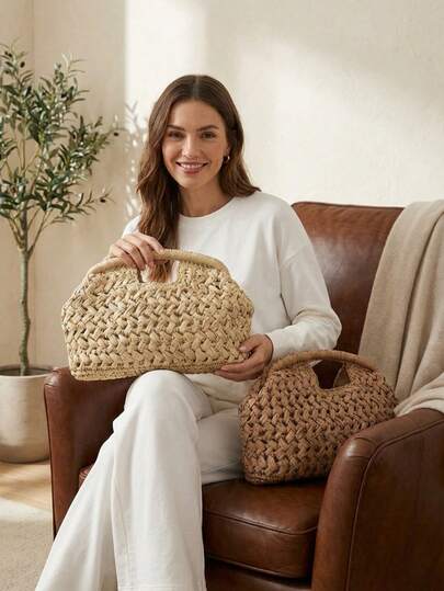 Cirelle 1pc Handmade Woven Handbag For Women, New Style, High-End Texture, Beach Vacation Handbag For Daily Commuting. It Can Hold Keys, Mobile Phone And Cosmetic Items.