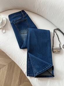 Elamini 女士花卉刺绣口袋休闲百搭牛仔裤 - 中等水洗藍 - 查看 2