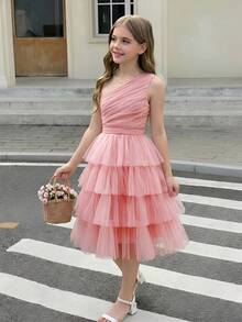 SHEIN Girlism Tween Girl 优雅粉色闪光网眼荷叶边不对称肩部连衣裙 - 彩色 - 查看 3