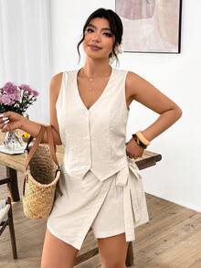 Lounesse Plus Size Women 2-Piece Set: Solid Color Single-Breasted Vest And Asymmetric Hem Skorts, Casual - Apricot - View 6