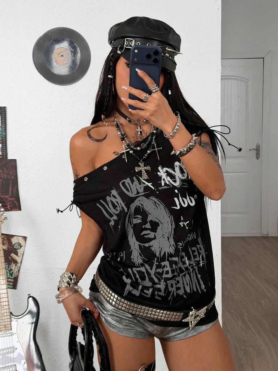 Coolane 女式春夏 Y2K 街头休闲音乐节 Grunge 图案索环孔眼露肩 T 恤 - 黑色 - 查看 1