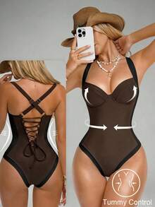 Shapewave Áo tắm liền thân nữ kiểm soát vùng bụng, phối màu nâu và be, có đường may bên hông, nâng ngực, giúp thon gọn vóc dáng. - Cà phê nâu - Xem 3