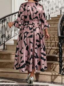 Plus Size Women's Elegant Elegent Floral Print Ruffle Sleeve Rhinestone Buckle Belted Dress, Suitable For Autumn Dates Party, Parties, Banquets Elegant Dress Fleurora And Elegant Dress Latest Dress Style For Women Business Casual Women Dress Robe Tendance 2026 Dusty Pink - Multicolor - View 2