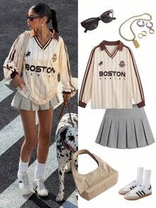 Muchica 女士休闲时尚街头通勤字母条纹印花V领宽松T恤，春秋季 - 黃色 - 查看 3