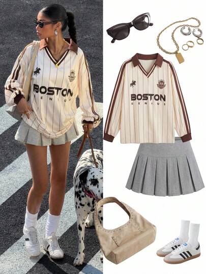 Muchica Women's Autumn/Winter Casual Light Yellow Polo Shirt With A Contrasting Brown Collar And Striped Sleeves. The Horse Print Adds A Retro, Preppy, Old-School, Fashionable, Youthful, And Street-Style Touch. The Fabric Is Smooth And Comfortable, Perfect For Autumn.