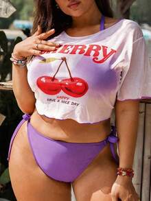 SHEIN Swim Mod 大码女士纯色三角罩杯挂脖性感比基尼套装，带透视半袖，三件套简约时尚度假泳装 - 紫色 - 查看 3