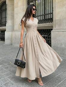 Firerie 女士新款卡其色V领泡泡袖荷叶边收腰长款连衣裙，V领长款连衣裙，纯色长款连衣裙，V领纽扣前开襟长款连衣裙，宽松荷叶边下摆长款连衣裙，收腰泡泡袖休闲工作连衣裙，春夏服装，优雅，通勤，婚礼季，毕业典礼，舞会，演出，工作服，返校季，晚宴，生日礼服，连衣裙，生日礼服，正式场合 - 卡其色 - 查看 4