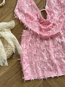 Elamini Sexy Crop Top With Plunging V-Neck And Backless Design, Paired With Bodycon Mini Skirt, Suitable For Spring/Summer - Pink - View 4