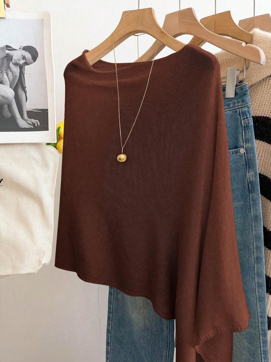 GlowEve Women's Casual Loose Vacation Style Poncho Sweater, Spring/Summer - Chocolate Brown - View 1