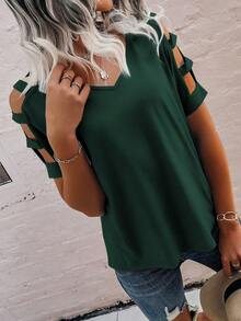 SHEIN LUNE Women's Solid Color Cutout V-Neck Casual T-Shirt - Green - View 4