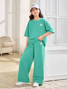 SHEIN 两件套少女休闲宽松舒适圆领短袖T恤和裤子套装 - 綠色 - 查看 5