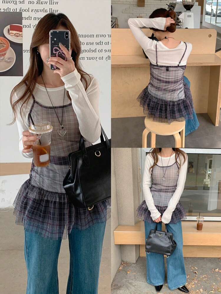 Plaid Black Chiffon Top, Suitable For Valentine's Day, Wedding, Party, Fashion Sheer Net Cami Top For Women, Spring & Summer