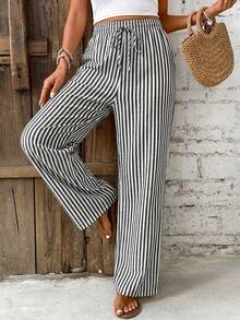 SHEIN Frenchy Quần ống đứng kẻ sọc dáng thường ngày dành cho nữ, 16% cotton, trang phục thường ngày cho nữ. - Nhiều màu - Xem 5