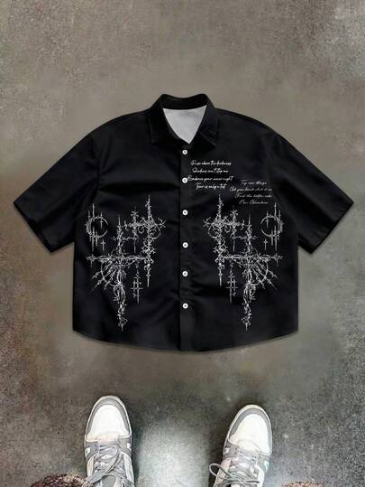 Manfinity EMRG Boxy Shirt Streetwear Men's Casual Cross Logo Print Shirt, Summer  Tops For Women  Summer Tops  Black Top  Summer Tops For Women  Spring Outfits  Men Clothes