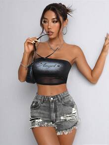 SHEIN PETITE 夏季休闲水洗做旧牛仔短裤 - 灰色 - 查看 4