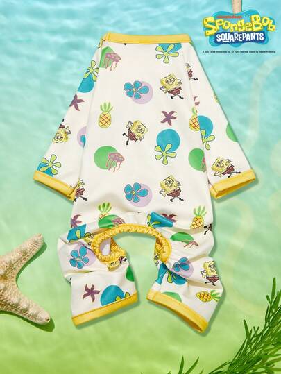 SpongeBob SquarePants | PETSIN Bộ quần áo liền thân in hình sứa, dứa nhỏ, sao biển cho thú cưng, chất liệu mềm mại và thoáng khí, màu be, dành cho mèo và chó.