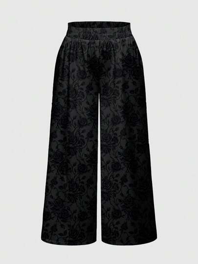 ROMWE Quần ống rộng dáng suông cỡ lớn in họa tiết hoa hồng theo phong cách cung điện Gothic cổ điển.