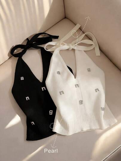 Franclia American-Style Metal Button Halter Top, Sexy And Charming, Fashionable And Unique Design, Knitted Sweater For Women, Versatile Summer Top, Elegant And Slimming High-Quality Basic Knitted Sweater, Retro And Elegant Women's Knitted Top And Sweater, Versatile For Commuting And Everyday Wear, White Knitted Top, Women's Date And Party Outfit Set.Graduation Season Attire, Fashionable Casual Commuter Wear, Business Office Wear, Versatile And Stylish Everyday Casual Wear, Urban Teacher's Professional Attire