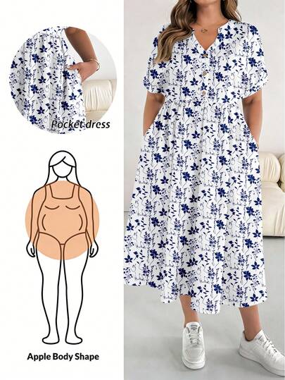 SHEIN Essnce Vestido casual de manga corta con estampado floral azul elegante y romántico para mujer de talla grande, adecuado para primavera y verano, vestido blanco