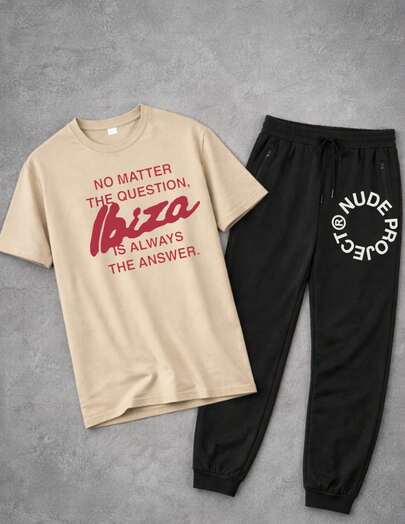 Conjunto Deportivo Negro para Hombre Playera y Jogger Pants Streetwear Casual Gym Fitness Moda Urbana Calle Estampado con Letra para hombre