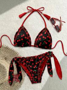Soleia Retro Casual Red & Black Contrast Cherry Allover Print Women's Swimsuit Set, Suitable For Spring/Summer, Vacation, Island - Multicolor - View 1