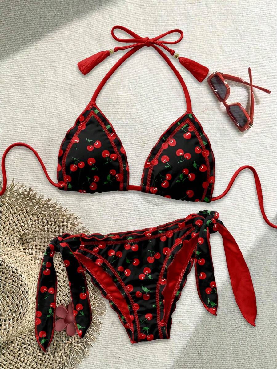 Soleia Retro Casual Red & Black Contrast Cherry Allover Print Women's Swimsuit Set, Suitable For Spring/Summer, Vacation, Island - Multicolor - View 1