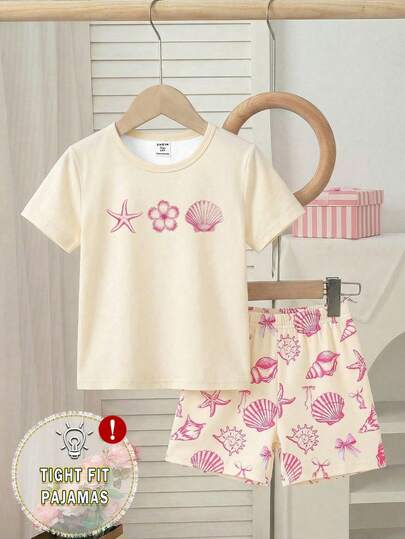 SHEIN 2pcs/Set Teen GirlFashionable Minimalist Shell Element Graphic Print Round Neck Top & Matching Shell Print Tight Shorts Knit Fabric Comfortable Casual Pajama Set