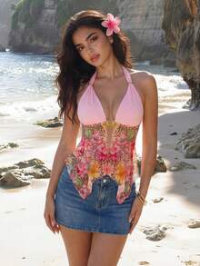 ROMWE Avant Áo croptop gợi cảm in hình hoa dâm bụt đính đá lấp lánh, vạt áo bất đối xứng, thích hợp cho nữ, phù hợp với kỳ nghỉ lễ hội âm nhạc mùa hè. - Hồng - Xem 2
