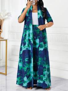 SHEIN Lady Plus Size Women Floral Print Short Sleeve Long Kimono And Wide Leg Pants 2 Pieces Set - Multicolor - View 6