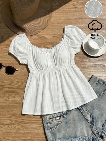 Elamini Women's Comfortable Square Neck Embroidered Short Sleeve Blouse, Suitable For Beach Vacation, Dating, Versatile Cotton Summer Tops Camicia Bianca