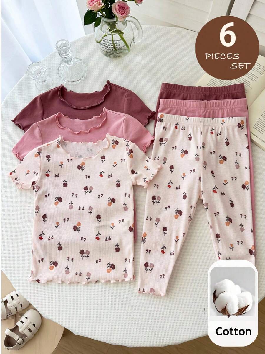 LMoss Kids 6件套女婴可爱碎花弹力针织短袖连体衣套装 - 彩色 - 查看 1