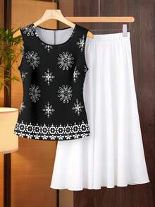 GlowEve CURVE Plus Size Women's Black And White Printed Sleeveless Top And Pants 2 Pieces Set,Summer Boho Vacation Outfits,Elegant Vintage Loose Casual Party Wear - Multicolor - View 3